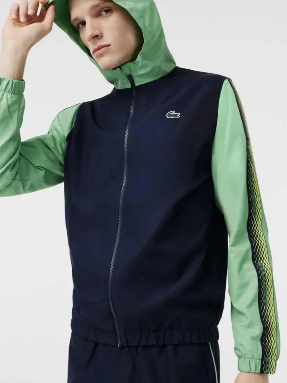 Lacoste Navy Jacket with Mint Green Hood & Sleeves